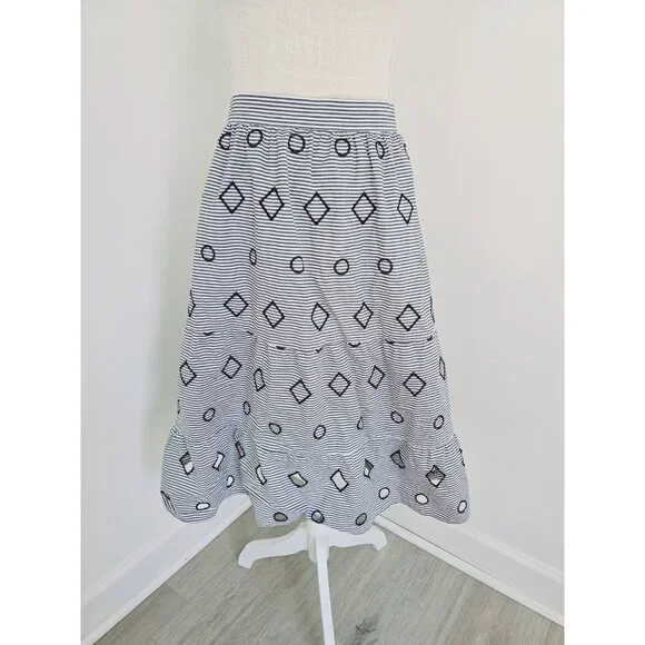 Madewell Embroidered Stripe Midi Navy White 100% Cotton Geometric Full Skirt XS - Picture 2 of 11